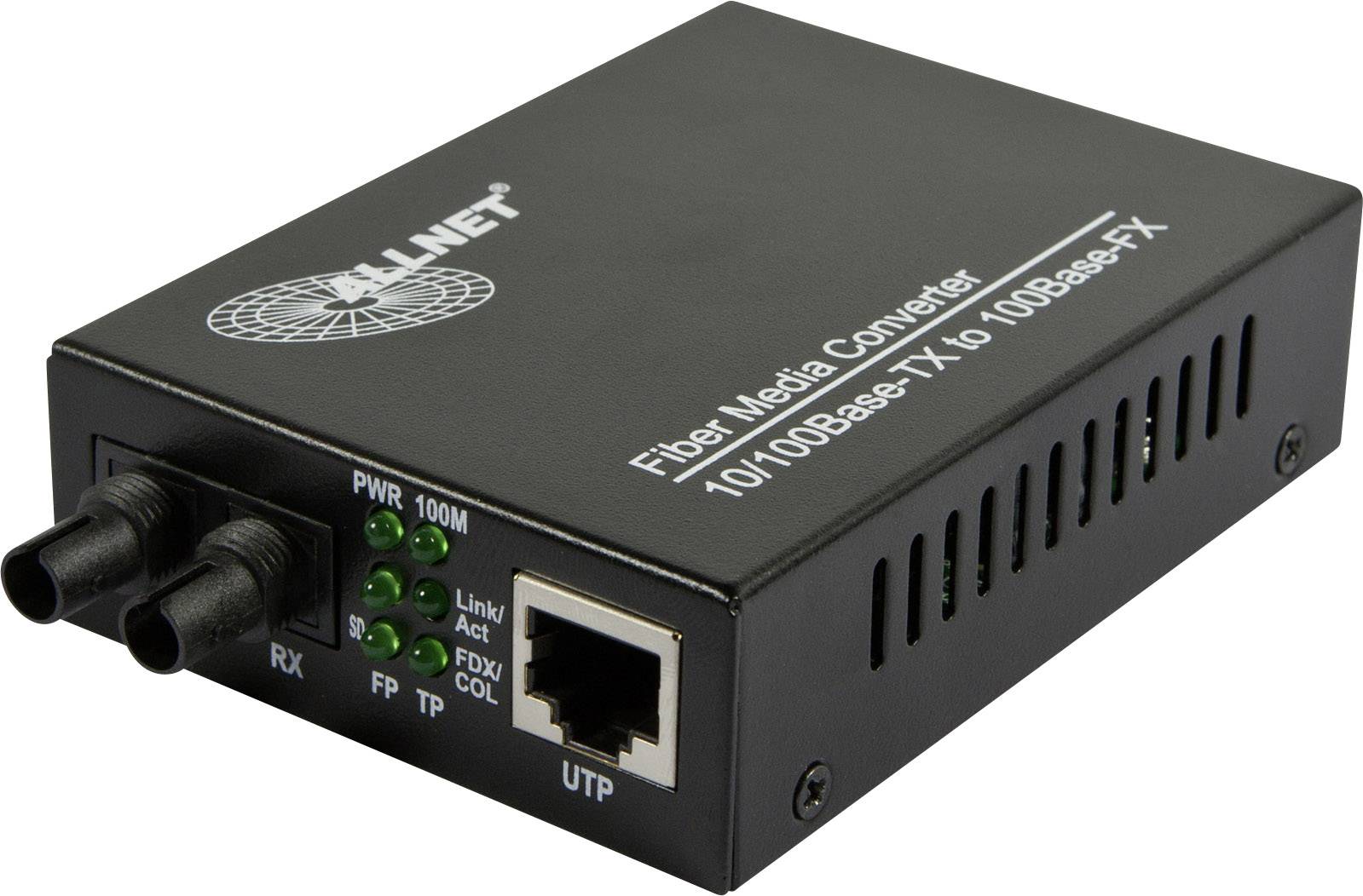 En mediakonverterare som konverterar 10/100Base-TX-signaler till 100Base-FX, med Ethernet-port och optiska anslutningar.