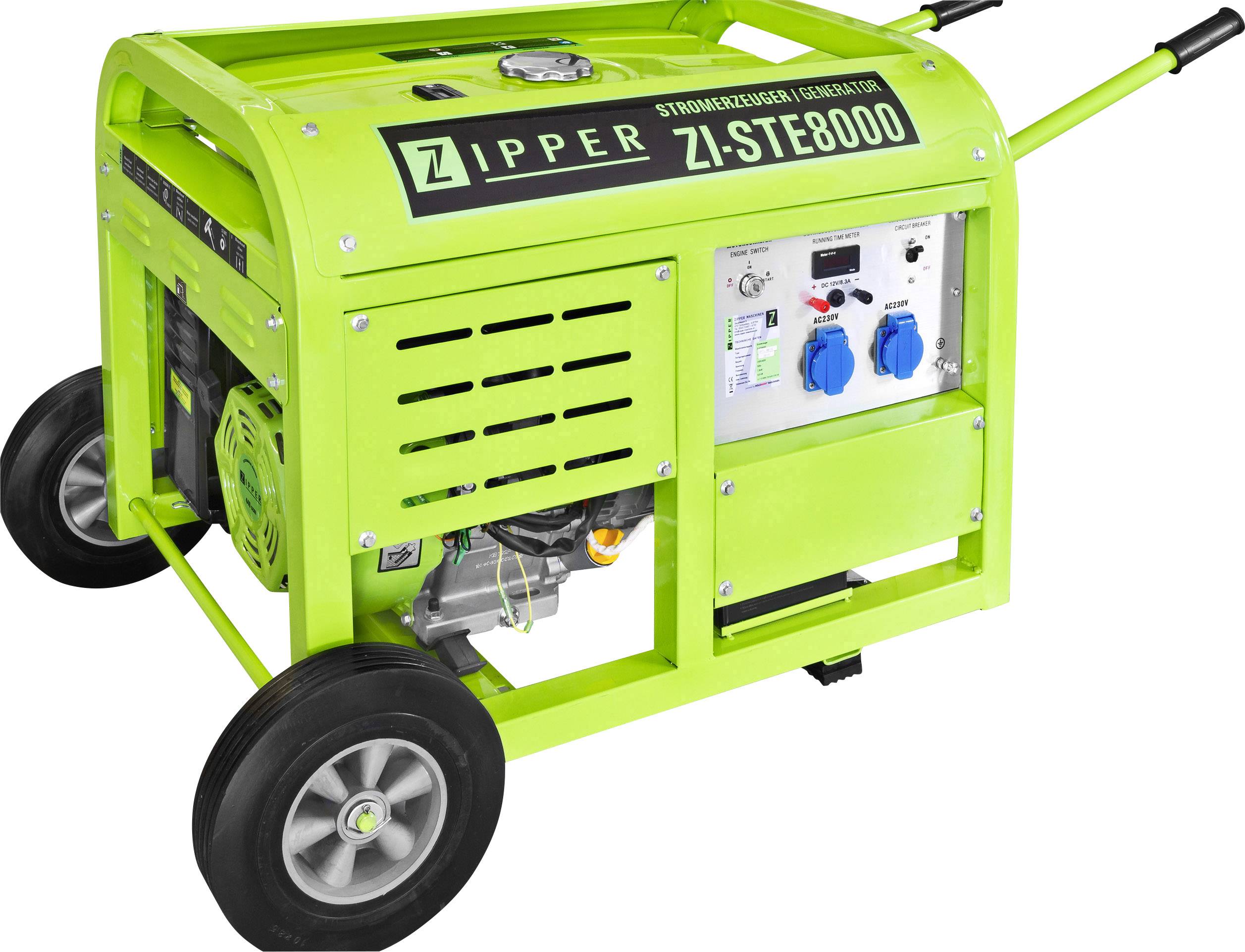 Grön generator på hjul, modell 'ZI-STE8000' från Zipper, med handtag, display och blå eluttag.