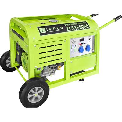 Grön generator på hjul, modell 'ZI-STE8000' från Zipper, med handtag, display och blå eluttag.
