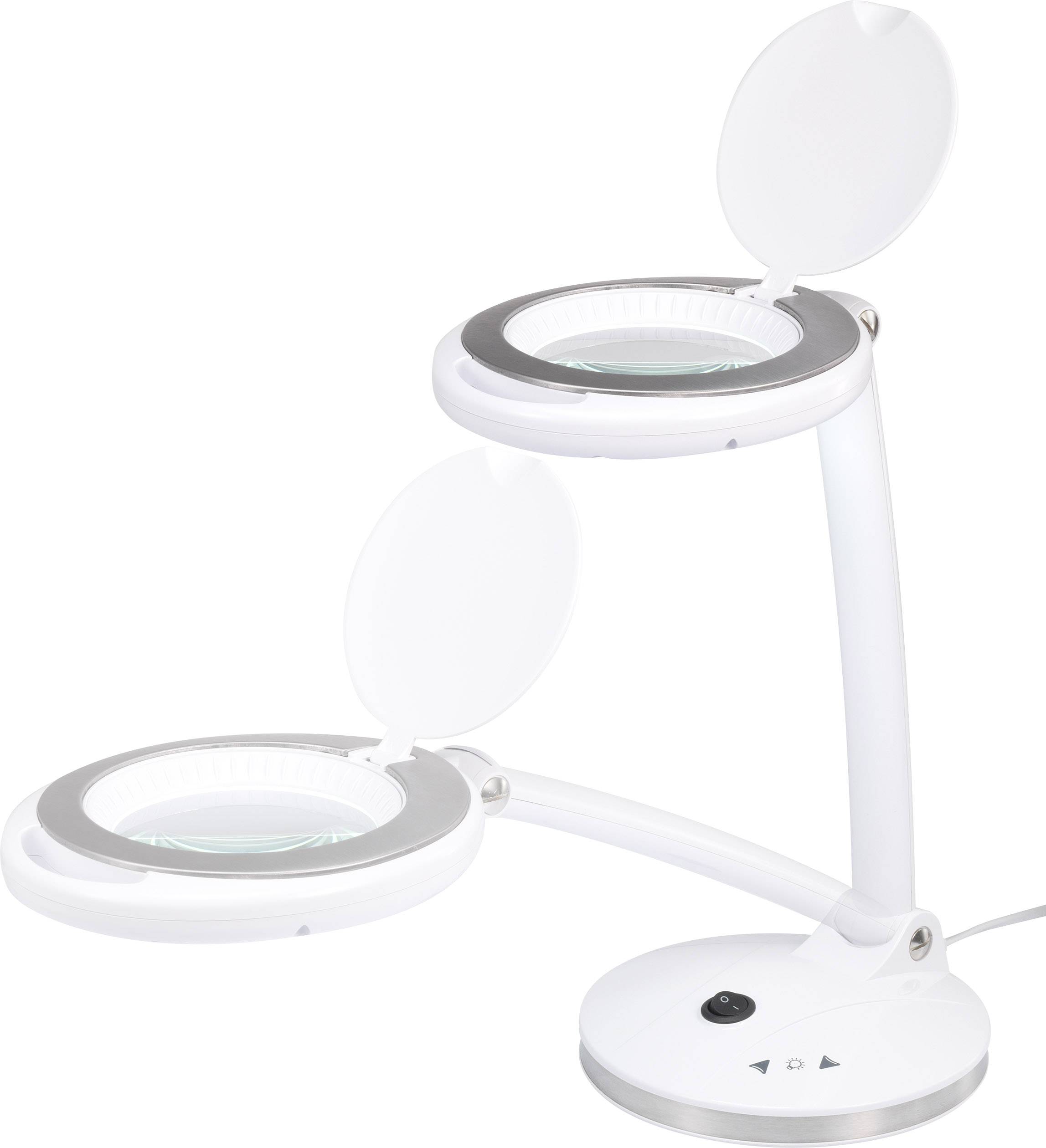 Vit bordslampa med två runda ljushuvuden och integrerad förstoringslins, båda monterade på vridbara armar, lämplig för precisionsarbeten.