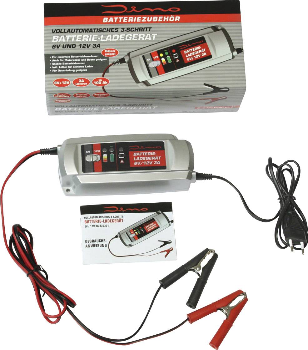 Laddare för 6V och 12V batterier, helautomatisk, med kablar och klämmor. Förpackning och instruktioner visas.