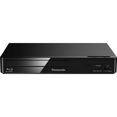 En svart Panasonic Blu-ray-spelare med USB-anslutning och en påknapp på framsidan. Modell: DMP-BDT167.