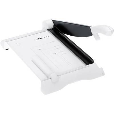 Pappersskärmaskin i vitt med svart blad, märkt med 'IDEAL 1133', visar olika pappersformat på skärytan.