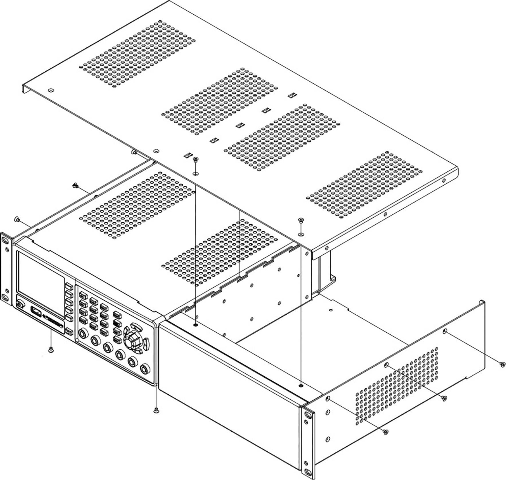 Explosionsritning av en elektronisk enhet med avtagbart hölje, skruvar för fastsättning och ett främre manöverpanel.