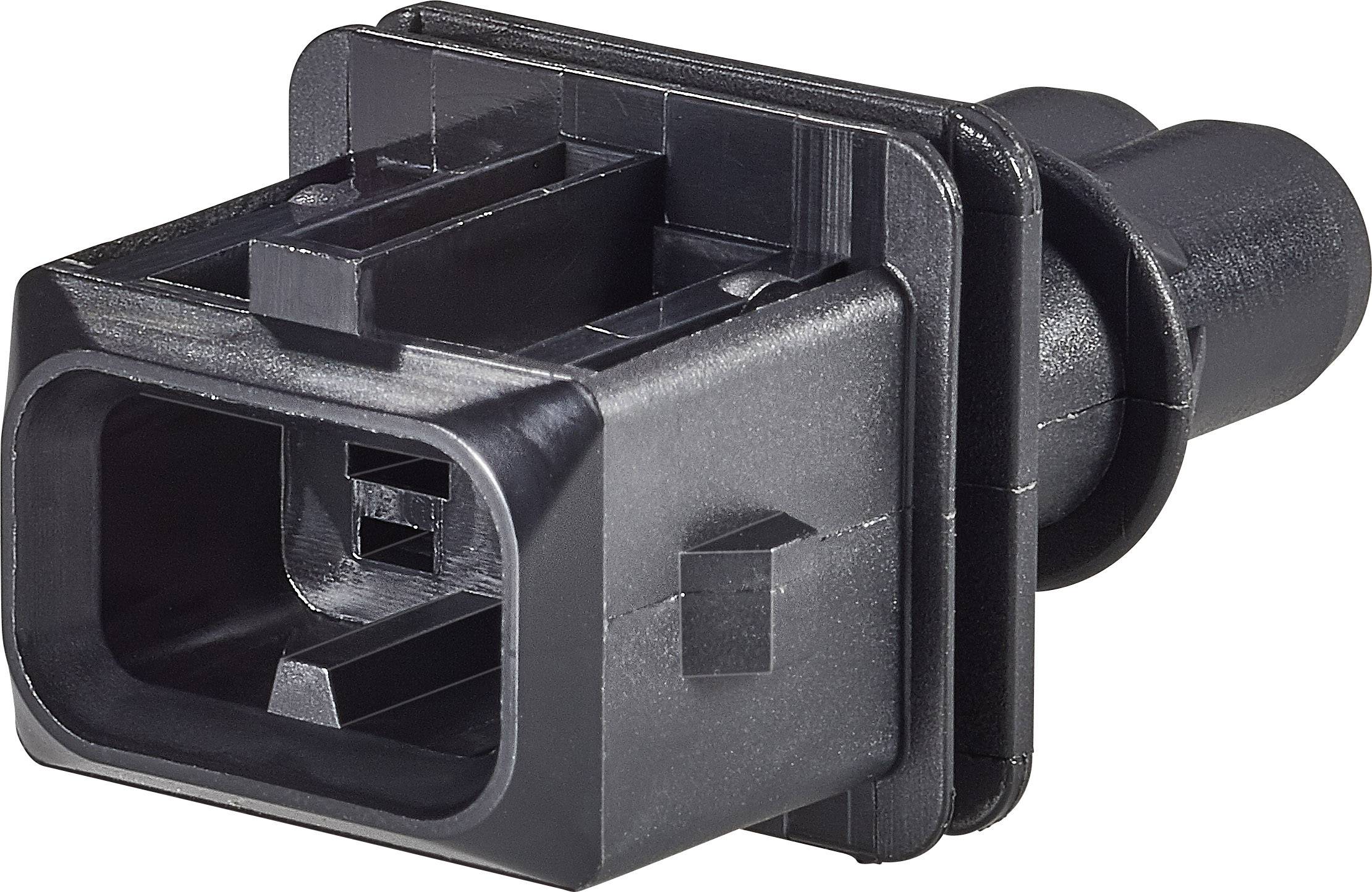 Svart rektangulär elektrisk kontakt med flera anslutningar, tillverkad av plastmaterial och med ett runddat avslut.