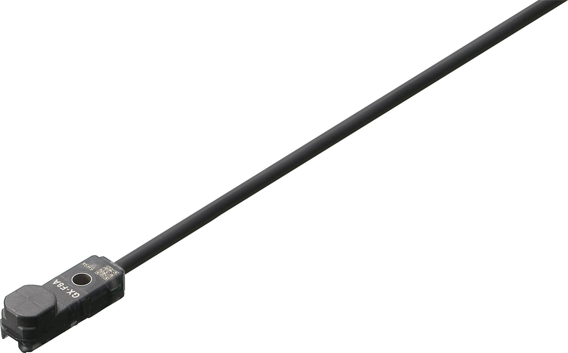 En optisk sensor med en lång kabel förbinder ett rektangulärt hölje med ett litet synfönster, avsedd för industriella tillämpningar.