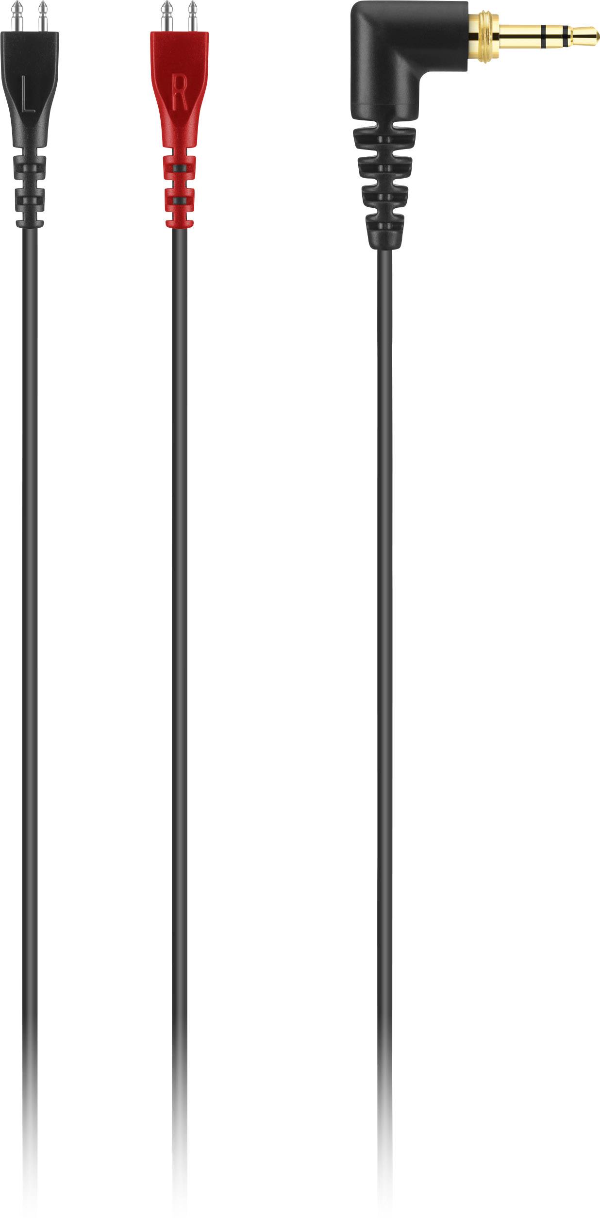 'En ljudsplitterkabel med en 3,5 mm-kontakt och två uttag, ett rödmarkerat för höger och ett svartmarkerat för vänster.'