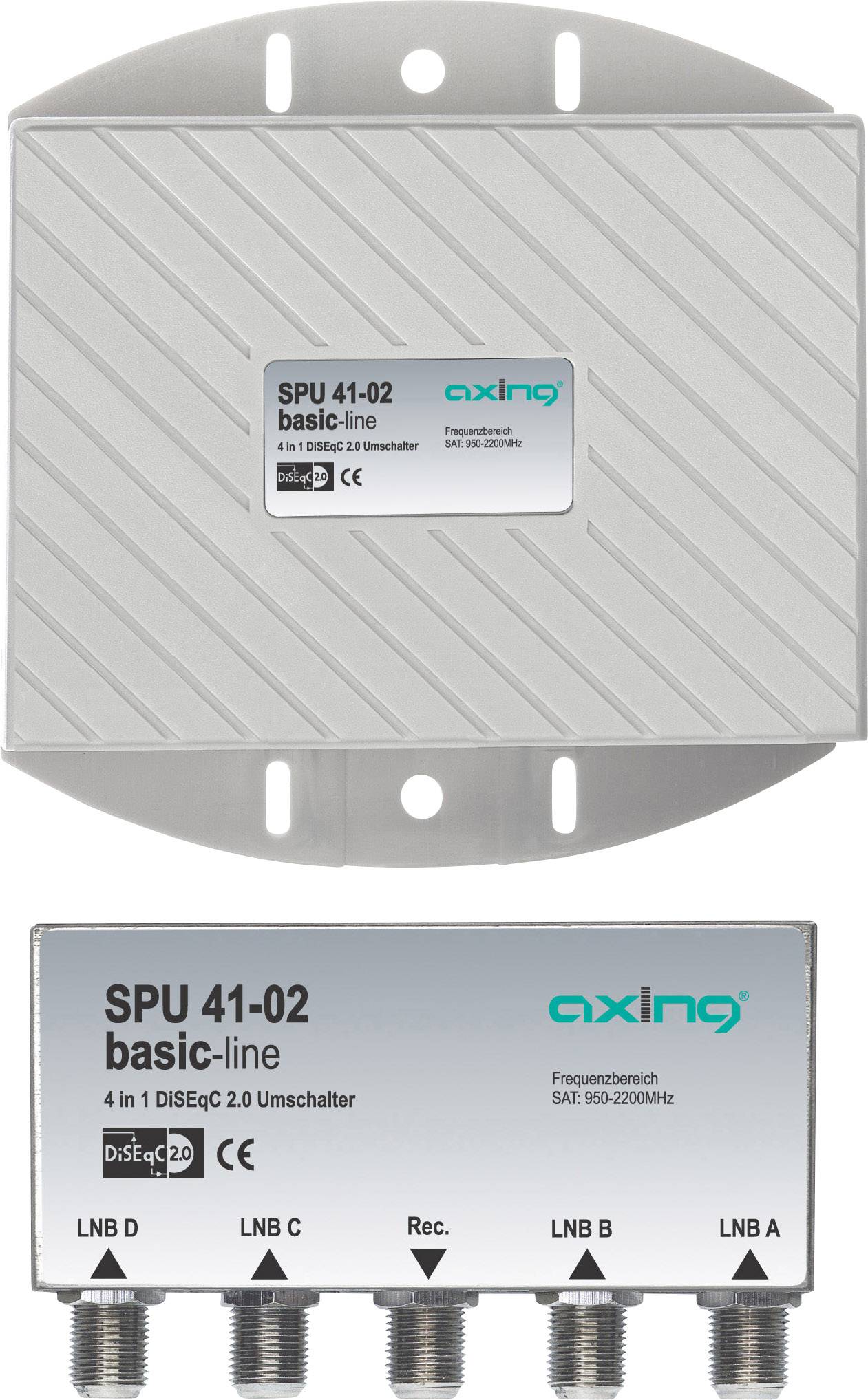SPU 41-02 grundlinje DiSEqC-switch, 4 ingångar, 1 utgång, frekvensområde: 950-2200 MHz från Axing.