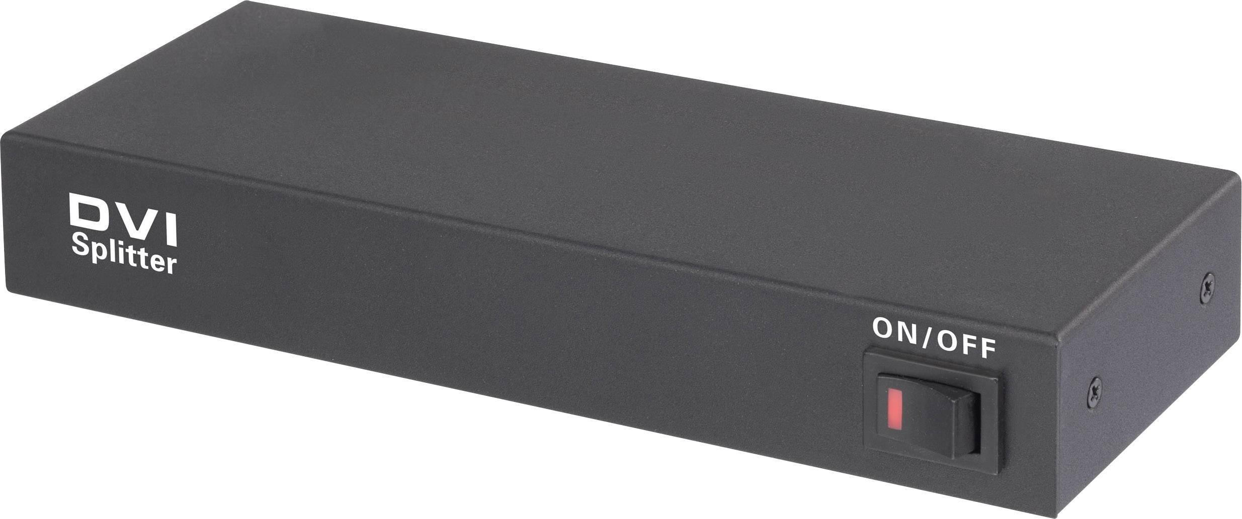 Svart DVI-splitter med texten 'DVI Splitter', till höger syns en på/av-knapp. Enhet för att distribuera videosignaler.