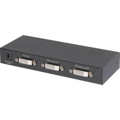 Svart DVI-splitterbox med en ingång och två utgångar, som används för att fördela en videosignal till två skärmar.
