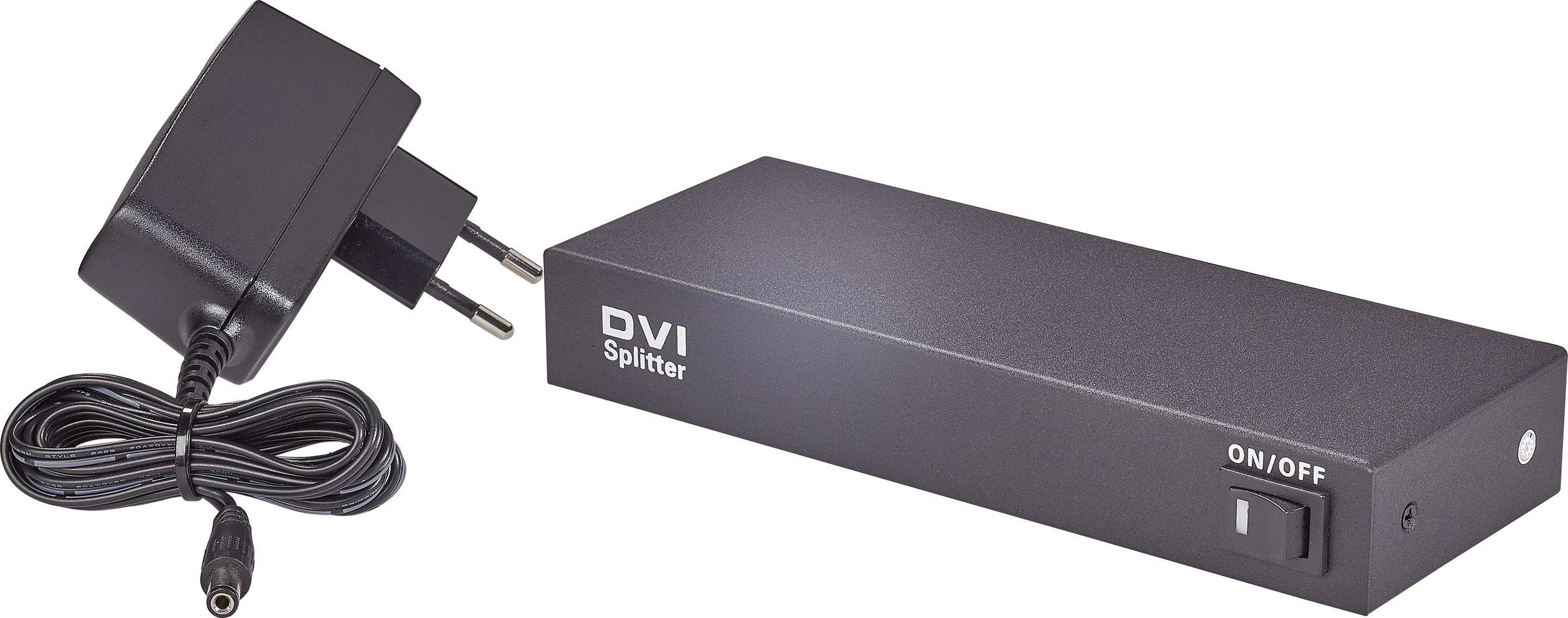 DVI-splitter svart med nätadapter, strömbrytare på sidan. Enheten används för att fördela en DVI-signal till flera skärmar.