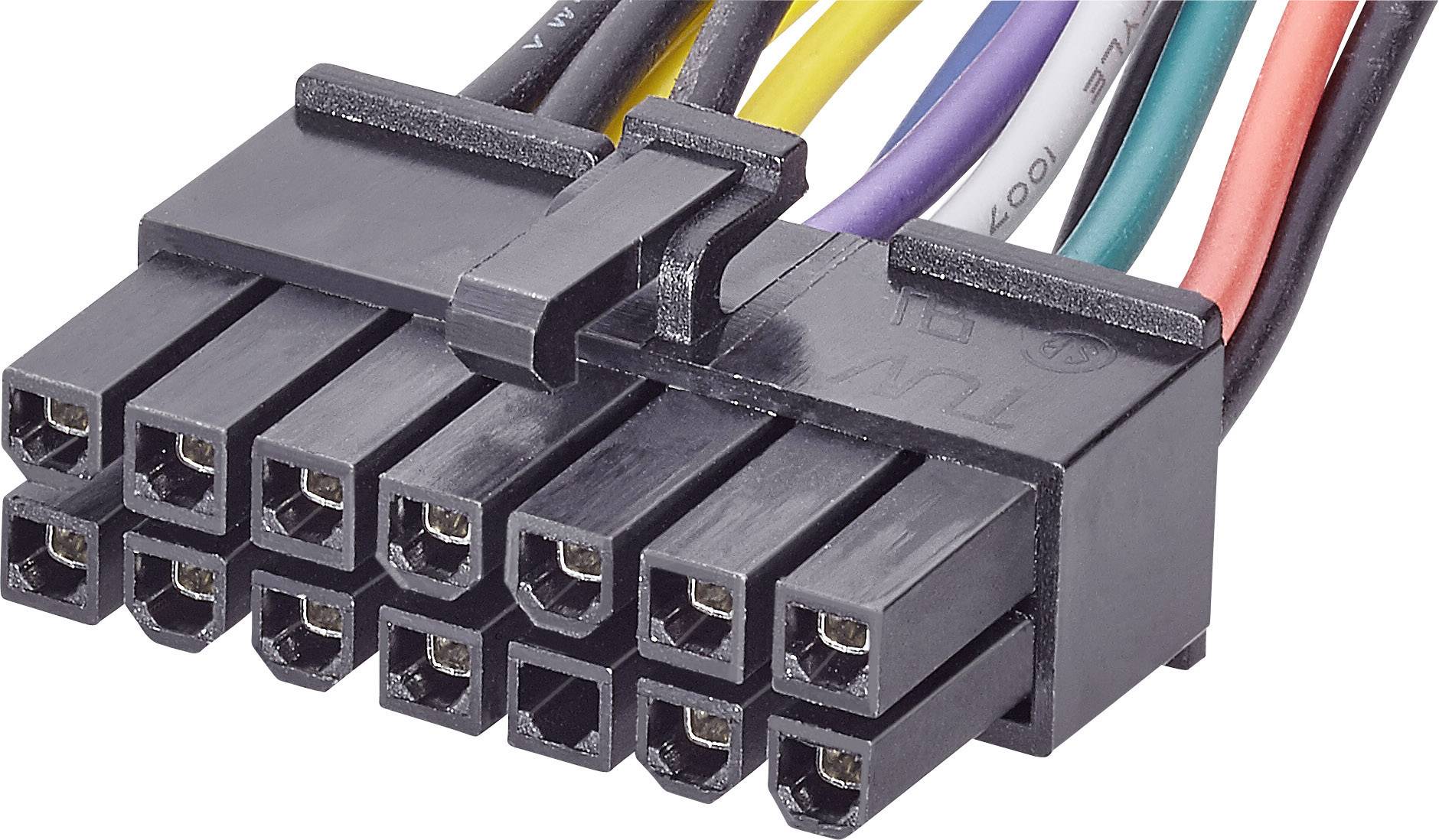 En 12-polig kontakt med färgkodade kablar för anslutning till elektroniska enheter, viktig för ström- eller dataöverföring.