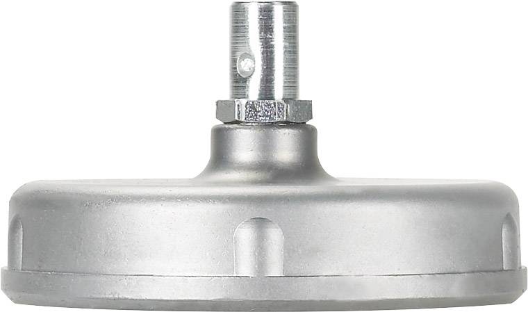 Ett silveraktigt, cirkelformat metallstycke med en cylindrisk pinne ovanpå, sannolikt en teknisk komponent eller maskindetalj.