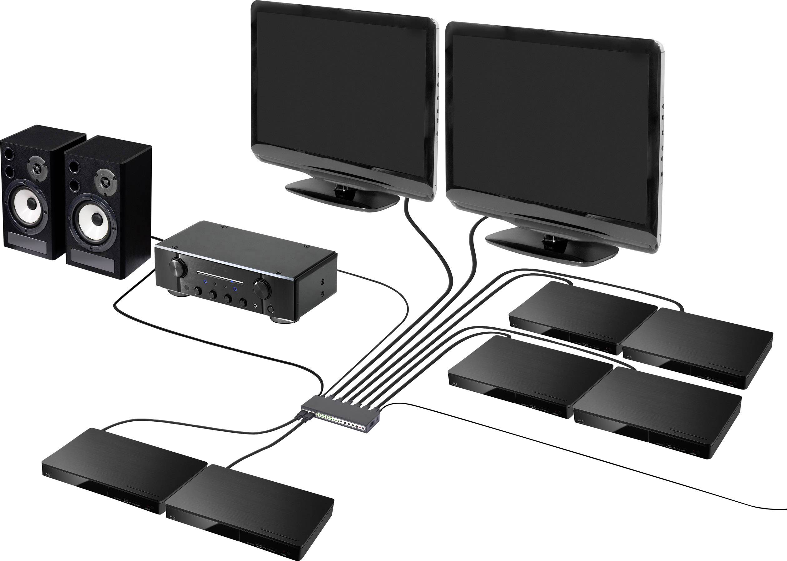 Diagram över ett AV-system med två monitorer, fyra mediaspelare, en förstärkare och två högtalare, samtliga anslutna via kablar.