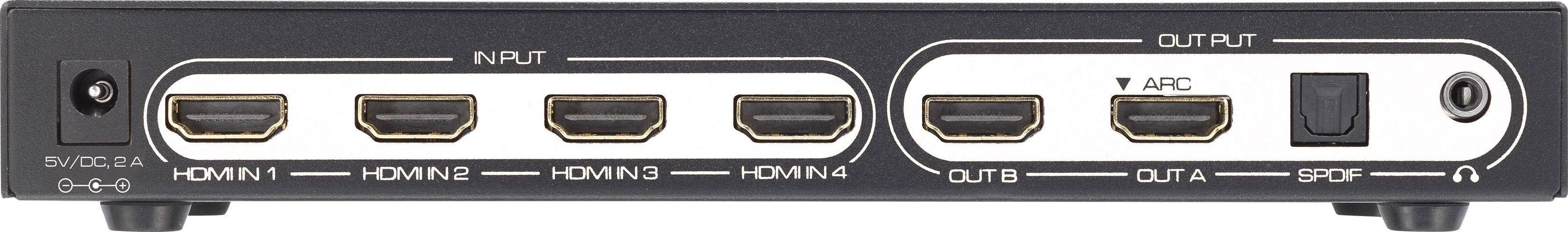 Baksidan av en HDMI-switch med fyra HDMI-ingångar och två utgångar, samt en optisk ljudutgång.