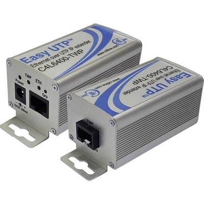 Två silverförsedda Ethernet-extendrar, modell 'Easy UTP', med anslutningar för ström och Ethernet, på en vit bakgrund.