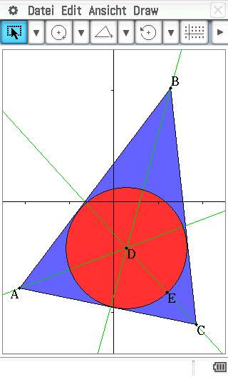 Triangel ABC med blå bakgrund, en röd cirkel i mitten, och punkterna A, B, C och D som markerar triangeln.