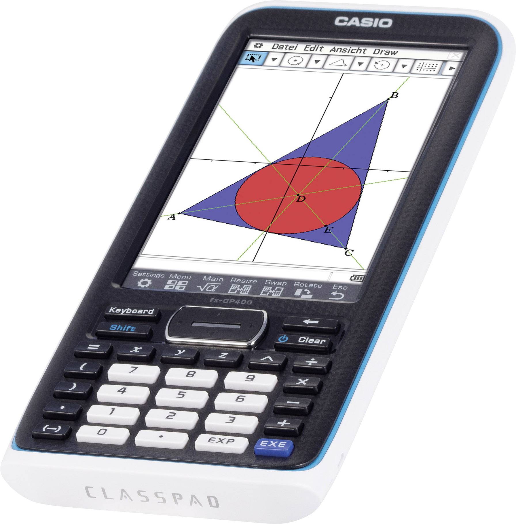 En vetenskaplig räknare med en skärm som visar ett geometriskt diagram med en röd cirkel och blå linjer.