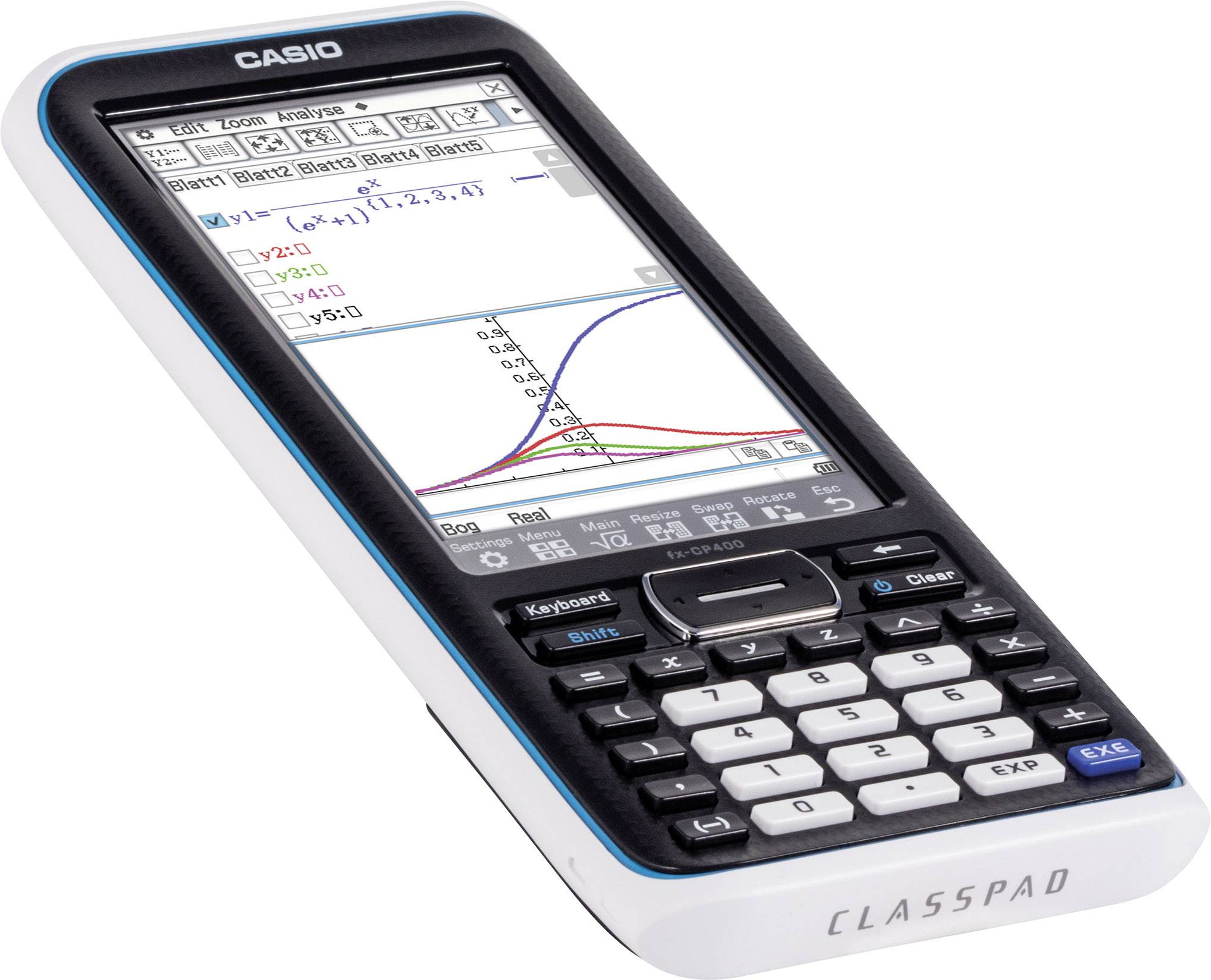 En vetenskaplig räknare med grafisk display visar en matematisk funktion och beräkningar på skärmen.