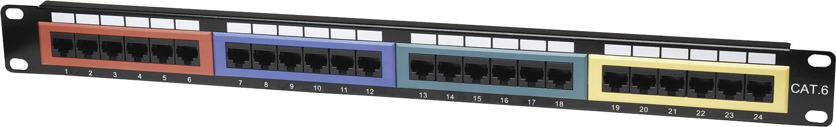 Patchpanel med 24 portar, färgmärkt i rött, blått, grönt och gult, för organisering av nätverkskablar, kompatibel med CAT6.