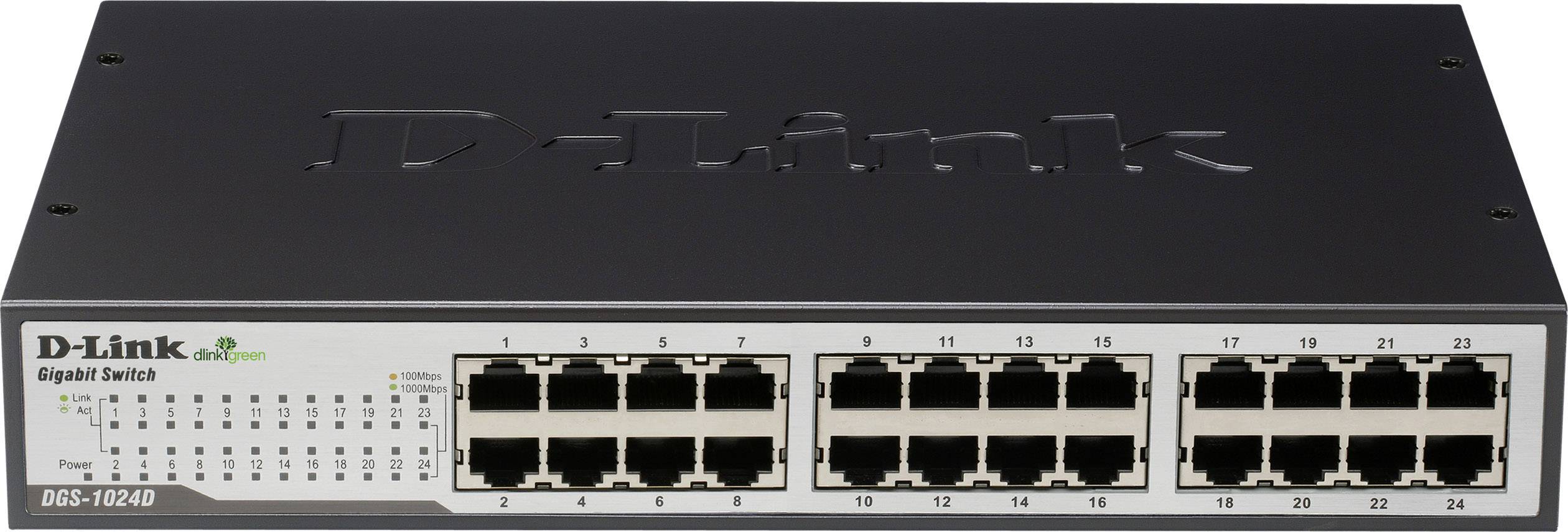 D-Link Gigabit Switch, Modell DGS-1024D, med 24 Ethernet-portar. Front-LED:er för portaktivitet. Svart hölje.