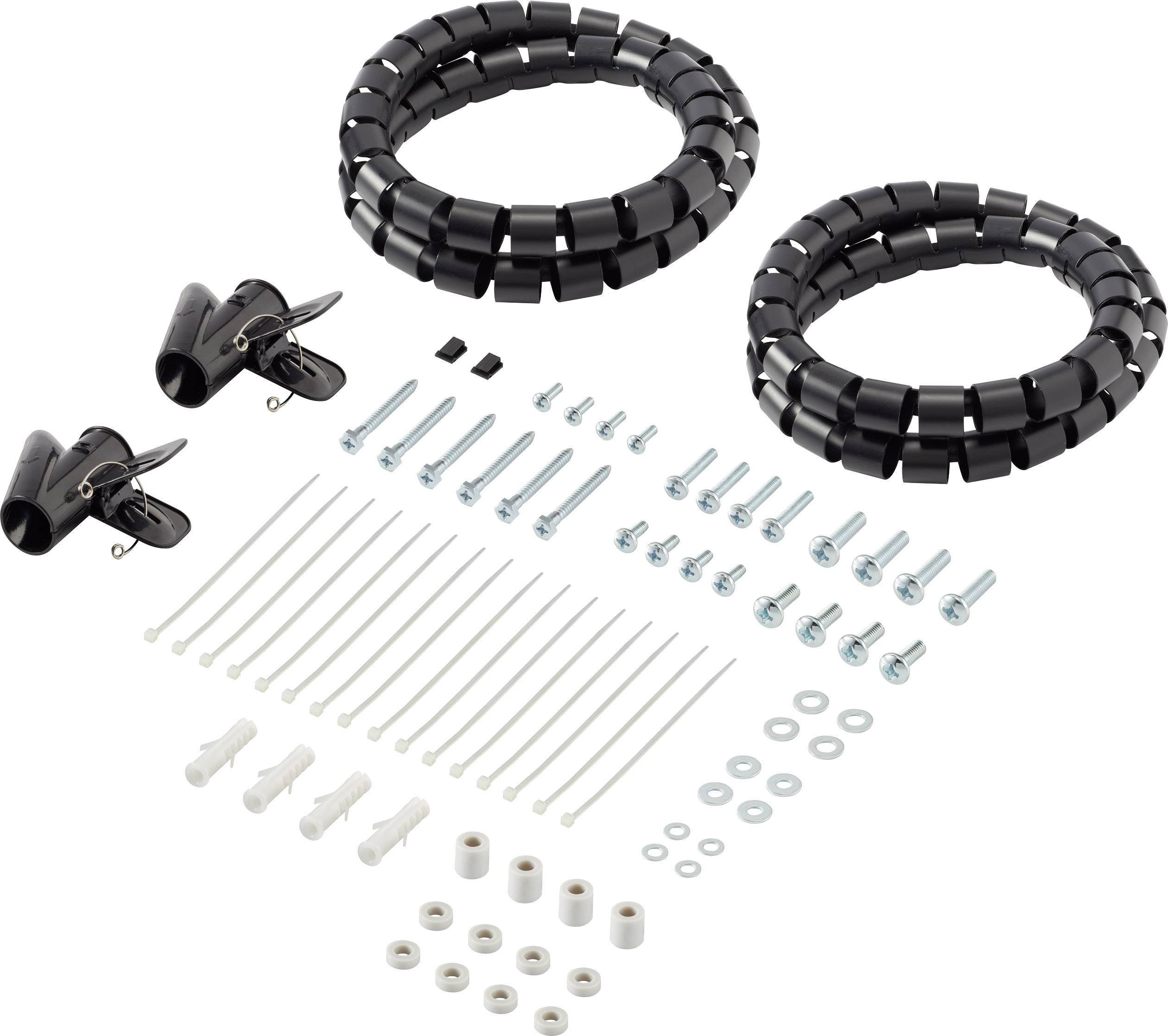 Två svarta kabelslang, kabelbindare, skruvar, muttrar och fästen för kabelorganisation.