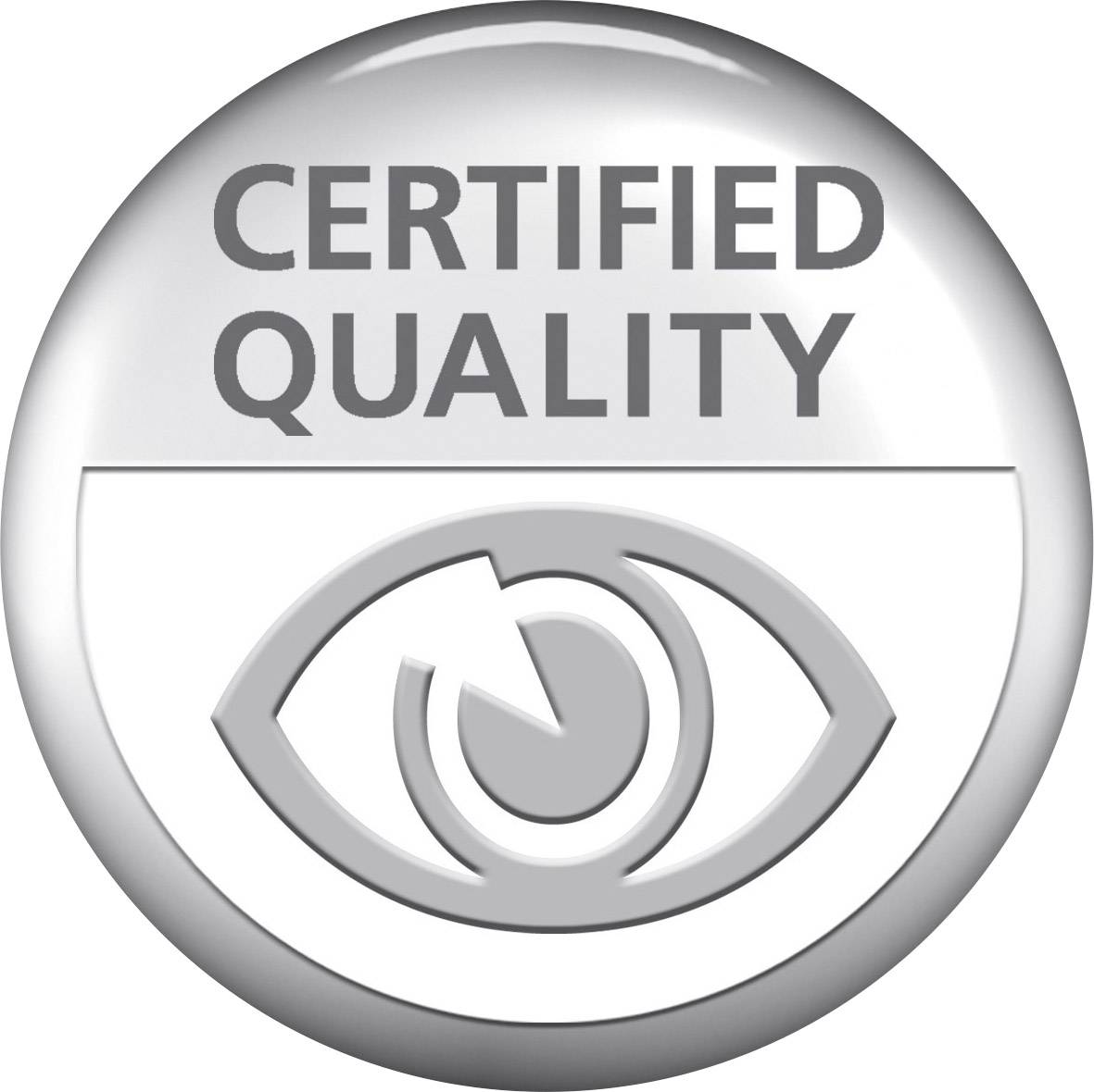 Ett rundat sigill med texten 'Certifierad Kvalitet' och ett stiliserat öga nedanför, som symboliserar kontrollerad och bekräftad kvalitet.