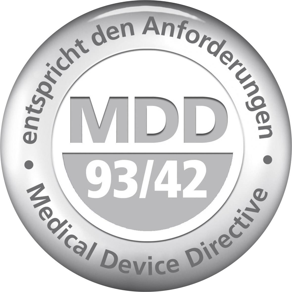 Denna bild visar en rund stämpel med texten 'uppfyller kraven enligt MDD 93/42 Medical Device Directive'.