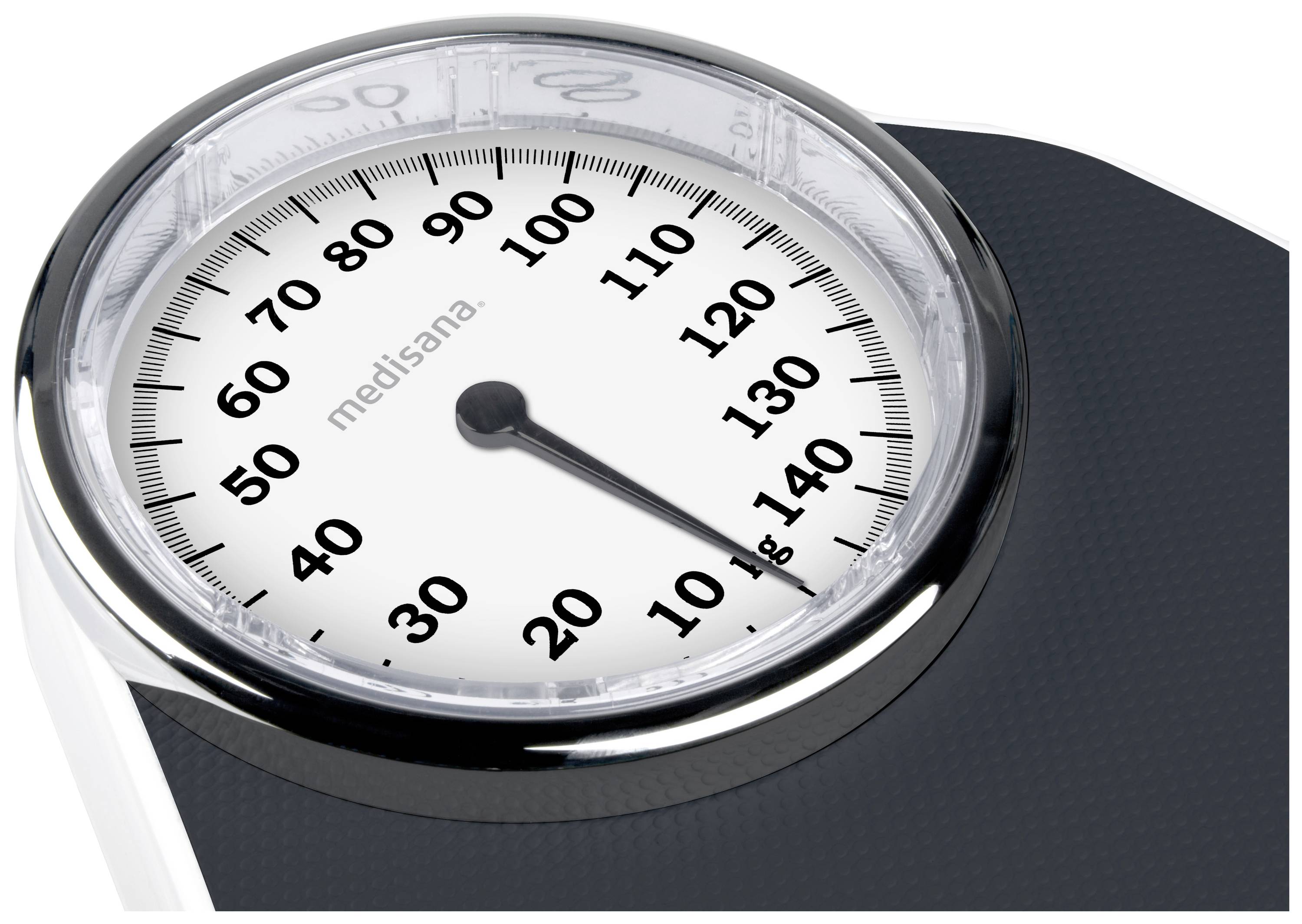 En analog personvåg med en skala som visar vikten i kilogram från 0 till 140.
