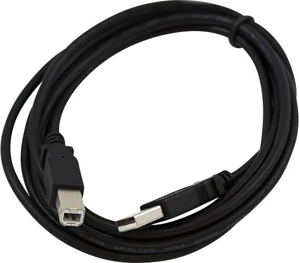 Svart USB-kabel med en standard-USB-kontakt och en USB-B-kontakt, lämplig för anslutningar till skrivare eller skannrar.