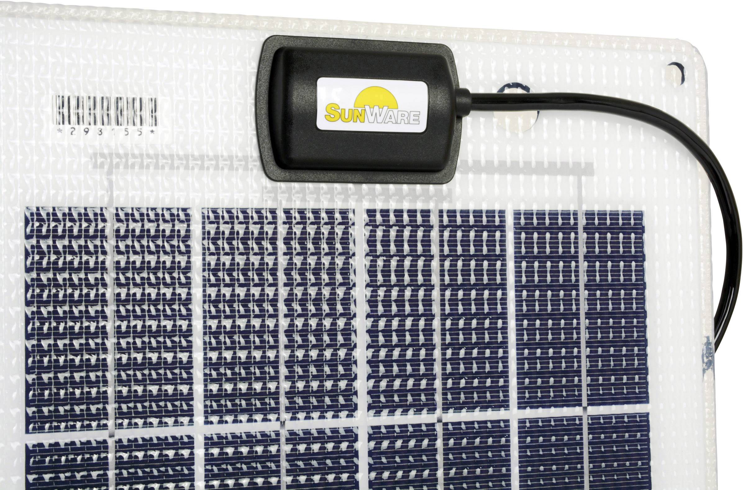 En solarpanel med en svart anslutningslåda överst, där det står 'SunWare'. Panelen består av flera rektangulära solceller.