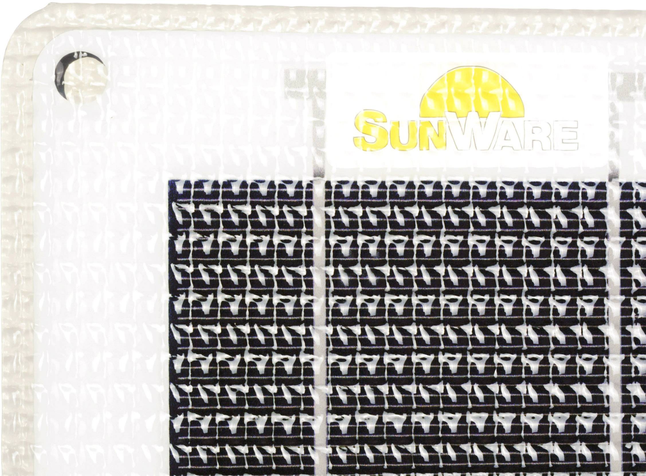 Del av ett solarmodul med rektangulära solceller, där logotypen 'SunWare' syns i övre högra hörnet.