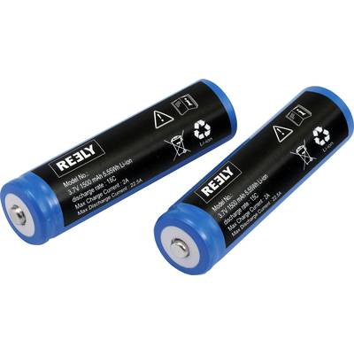 Två litiumjonbatterier i svart och blått; var och en visar symboler för återvinning och säkerhetsvarningar. Varumärket 'REELY' synligt.