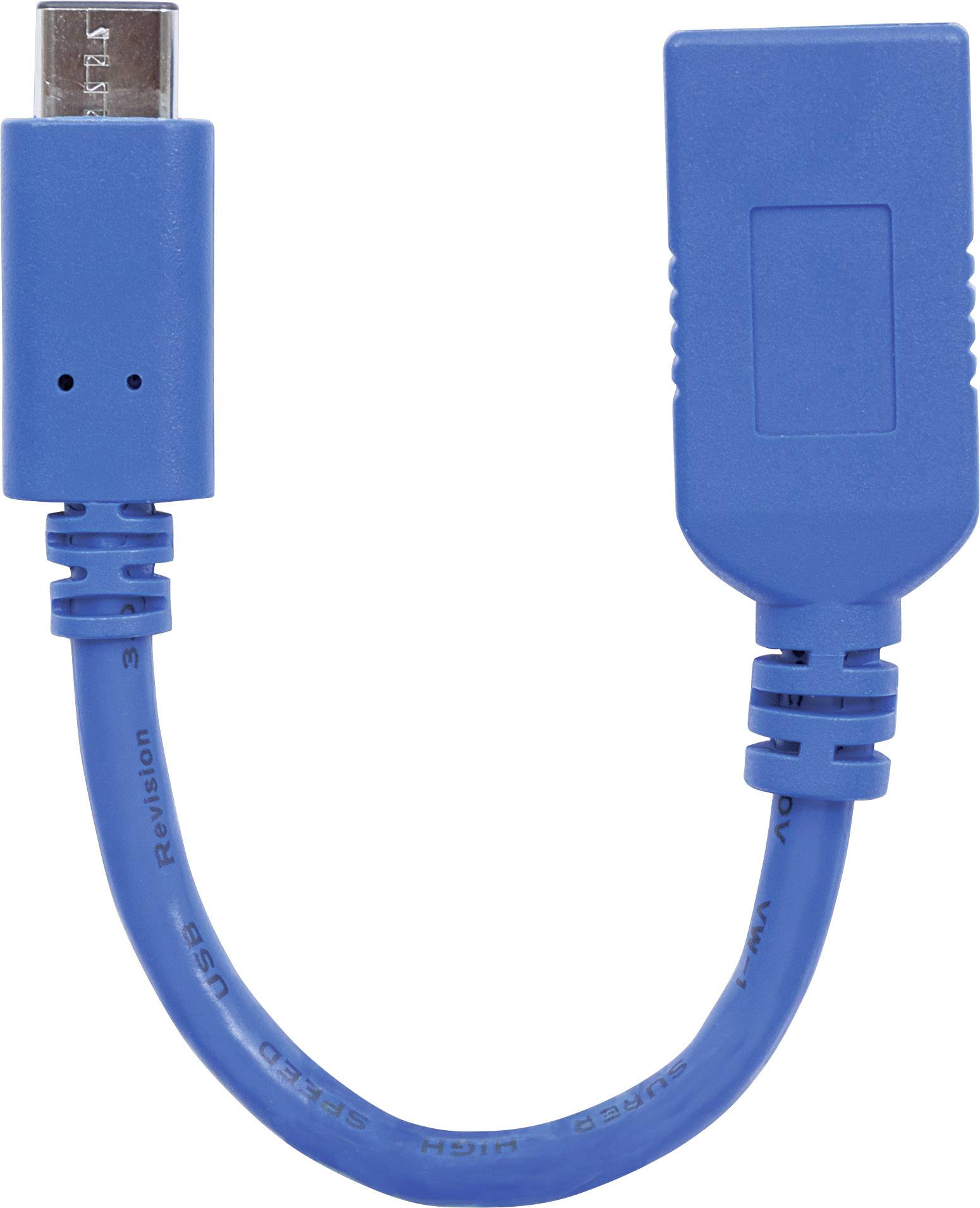 Blå USB-adapterkabel: vänster USB-C-kontakt, höger USB-A-uttag. Adaptern förbinder olika USB-anslutningar.