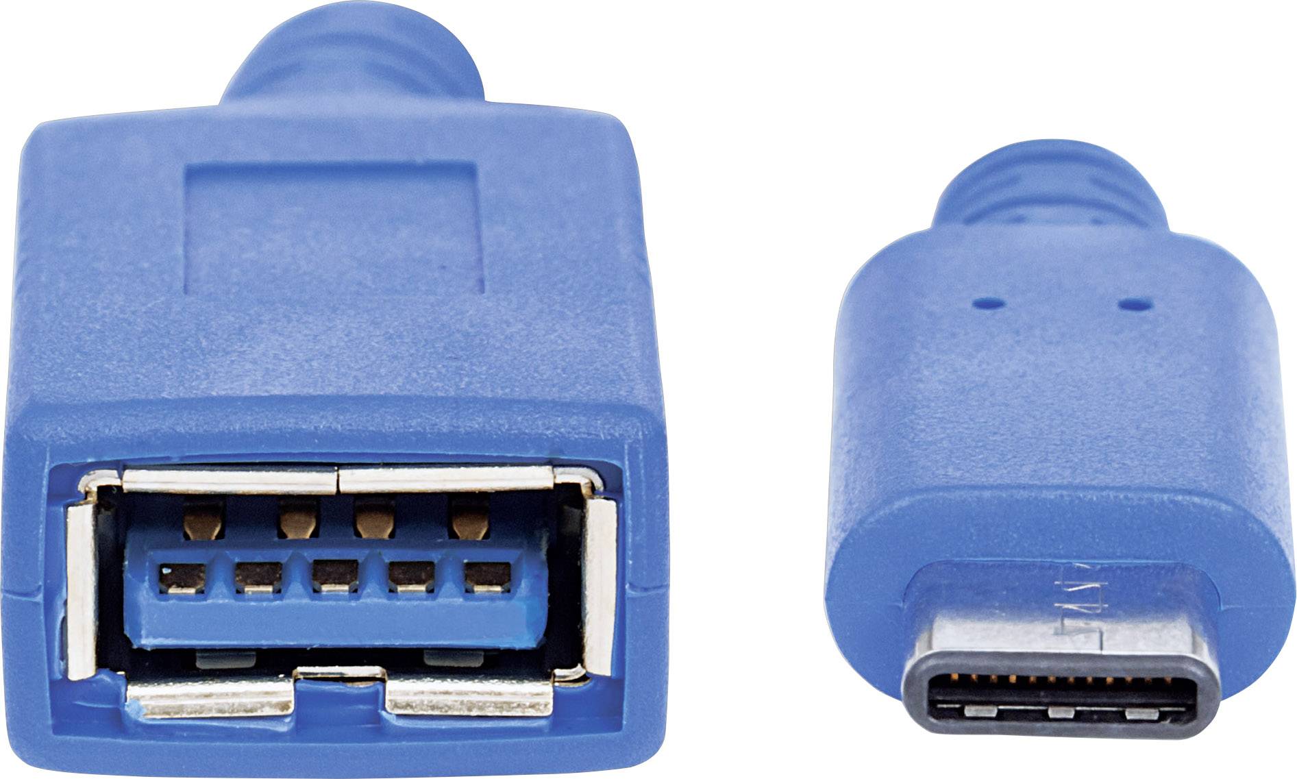 Blå USB-C-adapter med två anslutningar: USB-A-uttag till USB-C-kontakt.