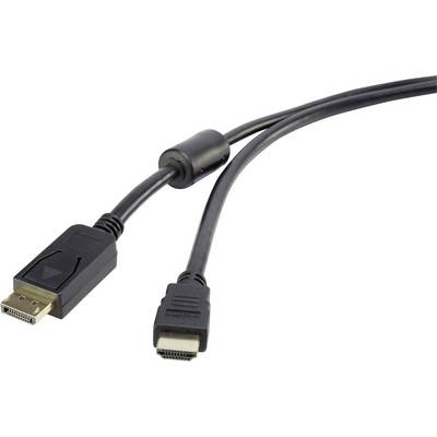 En svart kabel med en DisplayPort- och en HDMI-kontakt, lämplig för överföring av video- och audiosignaler.