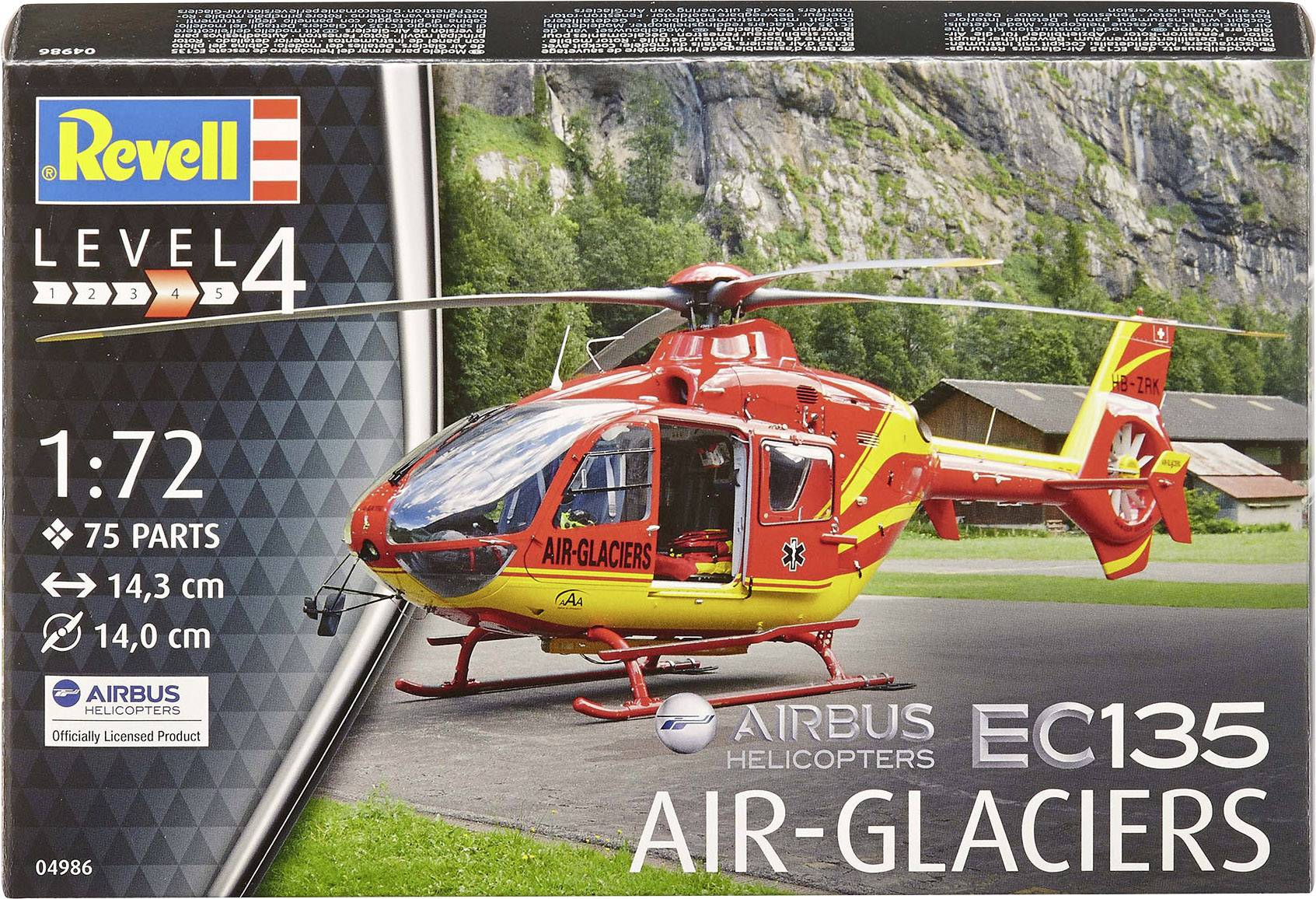 Modellbyggsats förpackning visar en röd-gul räddningshelikopter 'AIR-GLACIERS'. Skala 1:72, 75 delar, Tillverkare: Revell.