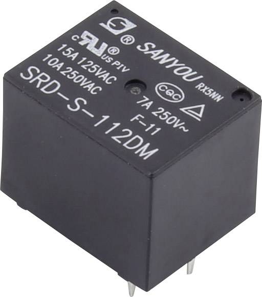 Svart reläenhet från Sanyou med märkning SRD-S-112DM, lämplig för 15A 125VAC / 10A 250VAC, visar elektriska specifikationer.