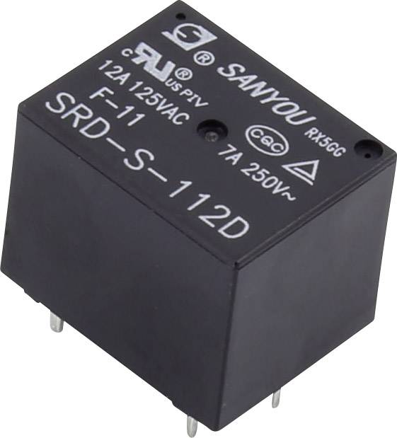 Ett svart reläer märkt 'Sanyou SRD-S-112D', konstruerat för 12A 125VAC och 7A 250VAC.