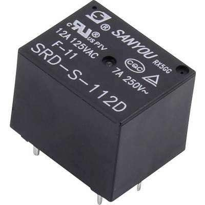 Ett svart reläer märkt 'Sanyou SRD-S-112D', konstruerat för 12A 125VAC och 7A 250VAC.