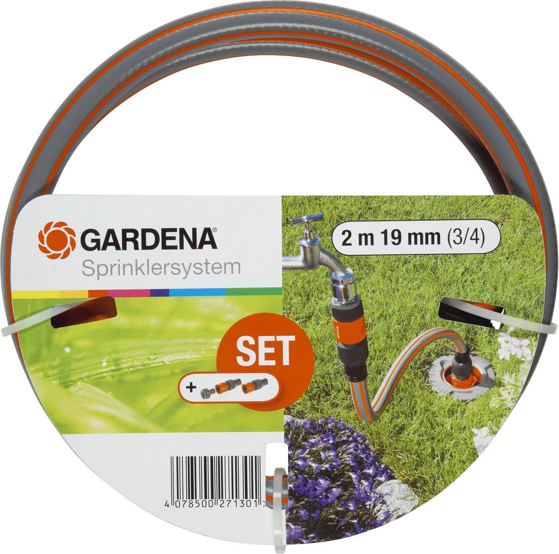 Förpackning för en Gardena bevattningsslang. Visar produktnamn, slangstorlek 2 m 19 mm (3/4), användningsexempel i trädgården.
