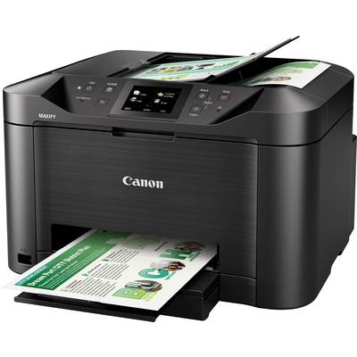 En svart multifunktionsskrivare från Canon skriver ut ett färgdokument. Skrivaren har en digital display och pappersmatning ovanifrån.