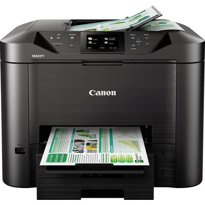 En Canon Maxify-skrivare skriver ut ett färgdokument. Ett ytterligare dokument finns i dokumentmataren. Displayen är belyst och visar inställningar.