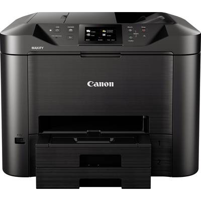 Svart skrivare med display och manöverknappar på ovansidan, pappersmatning nedtill. Märke Canon, modell Maxify.