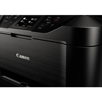 En svart Canon-multifunktionsskrivare med kontrollpanel och display, redo att skriva ut, skanna eller kopiera dokument.
