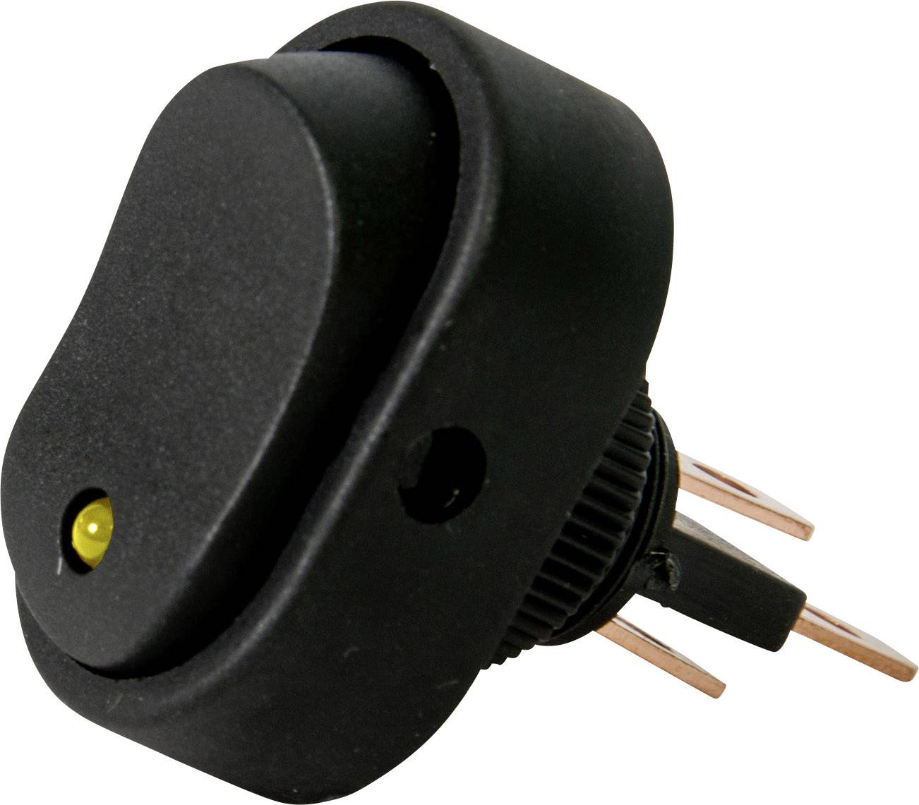 En svart vippströmbrytare med ett litet gult ljus. Strömbrytaren har tre kopparkontrakter för elektrisk anslutning.