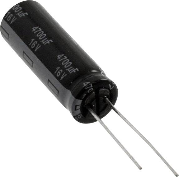 Svart elektrolytkondensator märkt '4700µF 16V', med två utstående metallben för elektrisk anslutning.