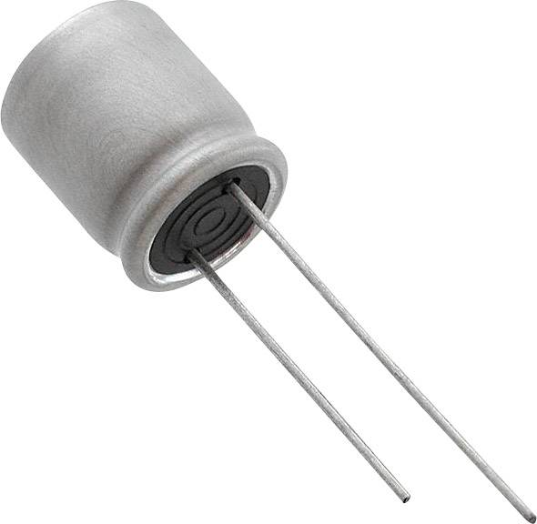 En cylindrisk elektrolytkondensator med två utstickande trådanslutningar, avsedda för montering i elektroniska kretsar.