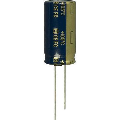 En cylindrisk elektrolytkondensator med två anslutningsben, blå och guldfärgad, med påskrift '+105°C' och 'CE FC'.