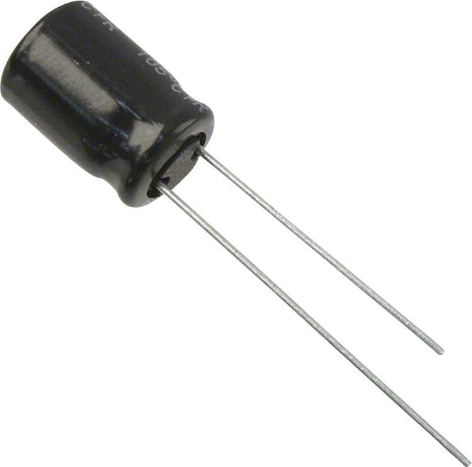 En svart, cylindrisk elektrolytkondensator med två långa, trådliknande anslutningar som vilar på en vit yta.